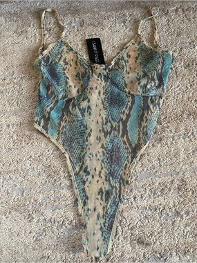 I saw it First NWT Snake Skin Print Bodysuit Top One Piece Sheer Thong Back: 10